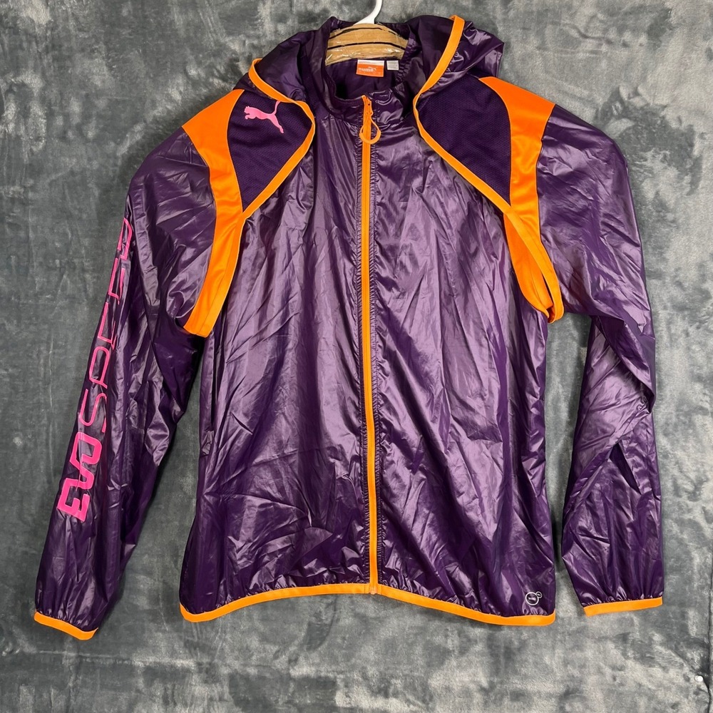 Puma evoSPEED Wind Cell Jacket Purple Orange Womens Large 653752 Full Zip Hooded